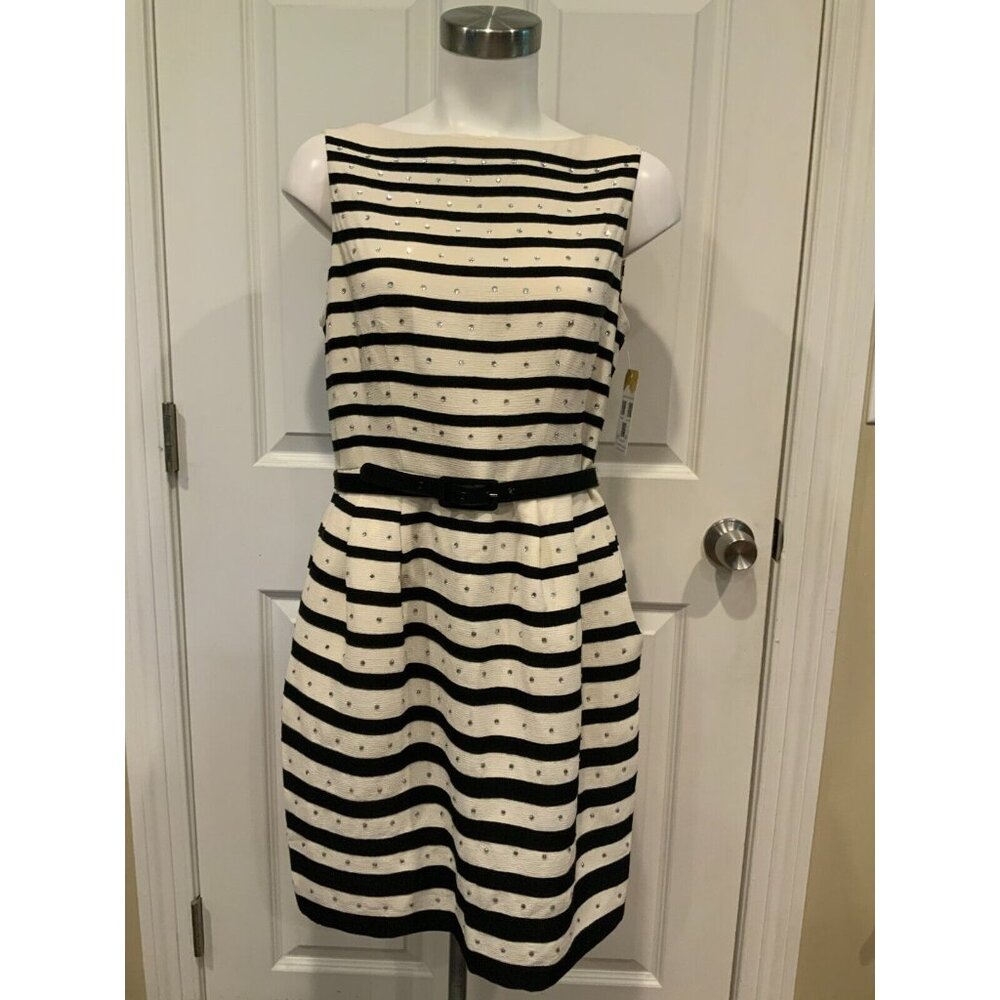 Nanette Lepore Navy Blue & White Striped Belted Dress W/ Jewels, Size 6 (US)